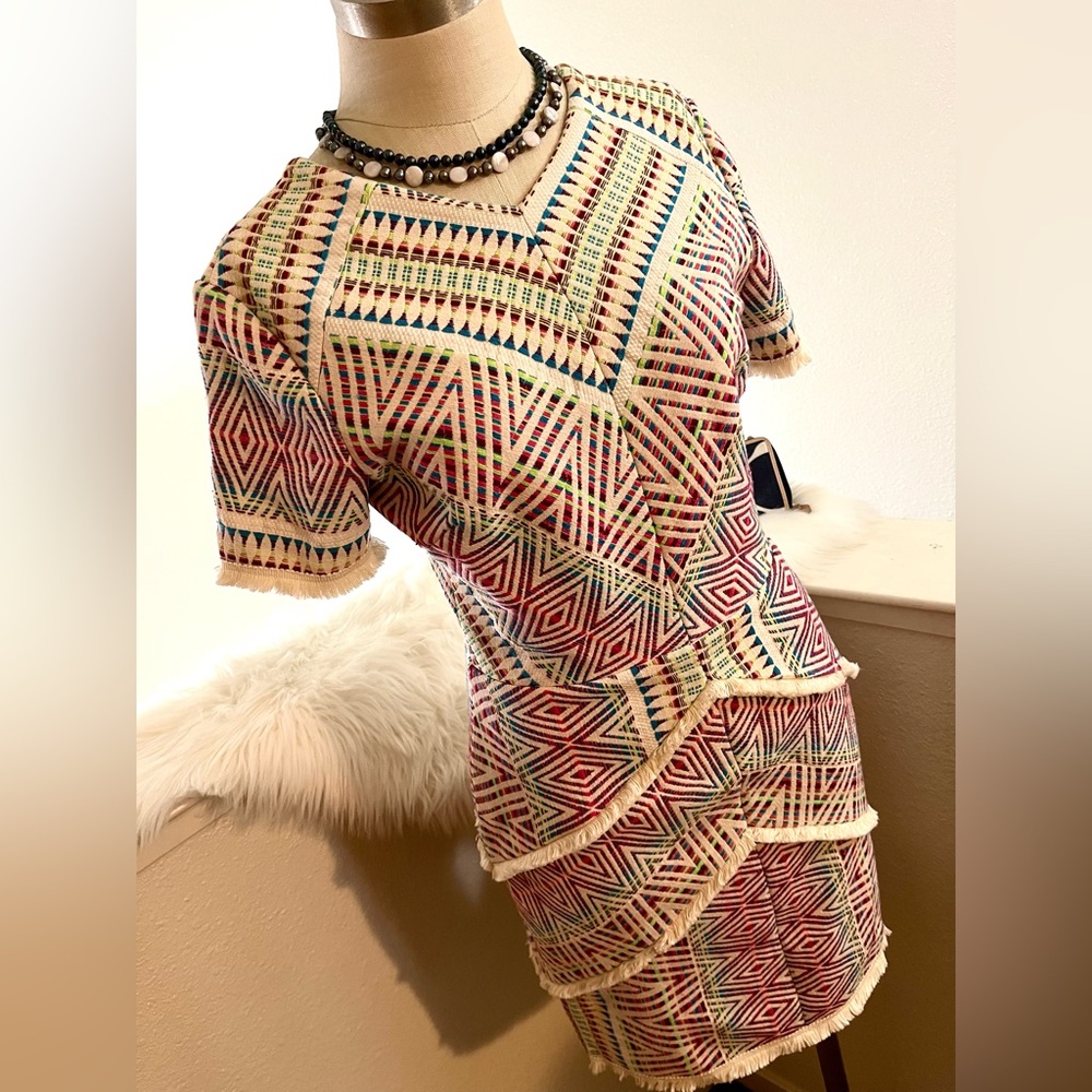 NWT S Quality Adelyn Rae Jaylene Woven Shift Fringe Dress with Back Cutouts